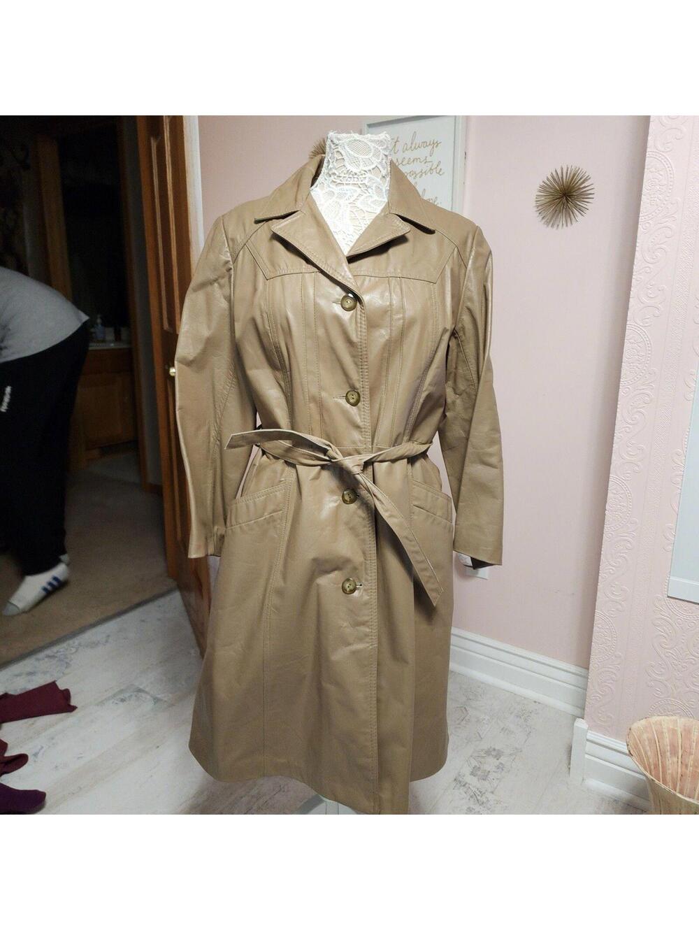 Vintage TIBOR Tan Genuine Leather Belted Trench Coat Tagged Size 16